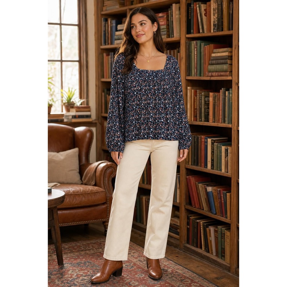 Lucky Brand Peasant Top Women's XXL Navy Ditsy Floral Boho Cottagecore